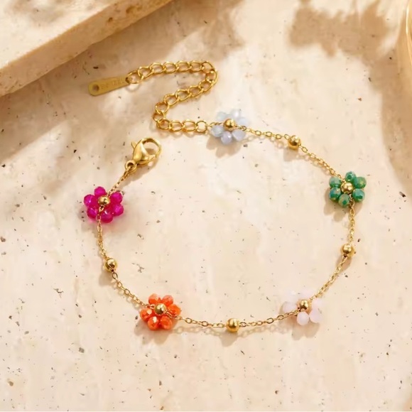 18K Gold Bohemian Beaded Flower Chain Bracelet Colorful Minimalist No Fade - Picture 3 of 9
